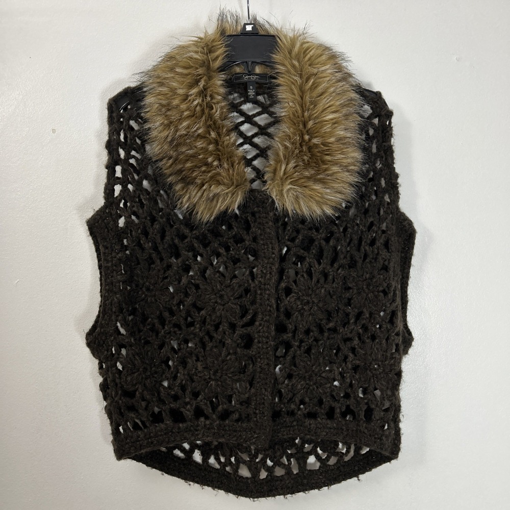 Jessicaโ Simpson Women S Brown Vest Woven Floral Faux Fur Sleeveless 6367
